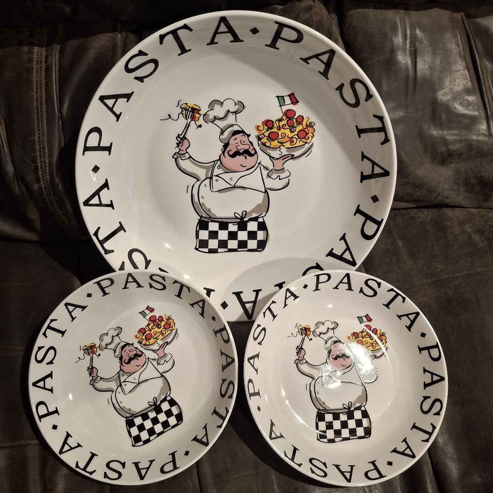 8" Ceramic Chef Pasta Bowls & 12" Ceramic Chef Serving Platter Plate